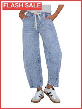 High Rise Pull On Elastic Waist Crop Barrel Jeans Stretchy Denim Pants